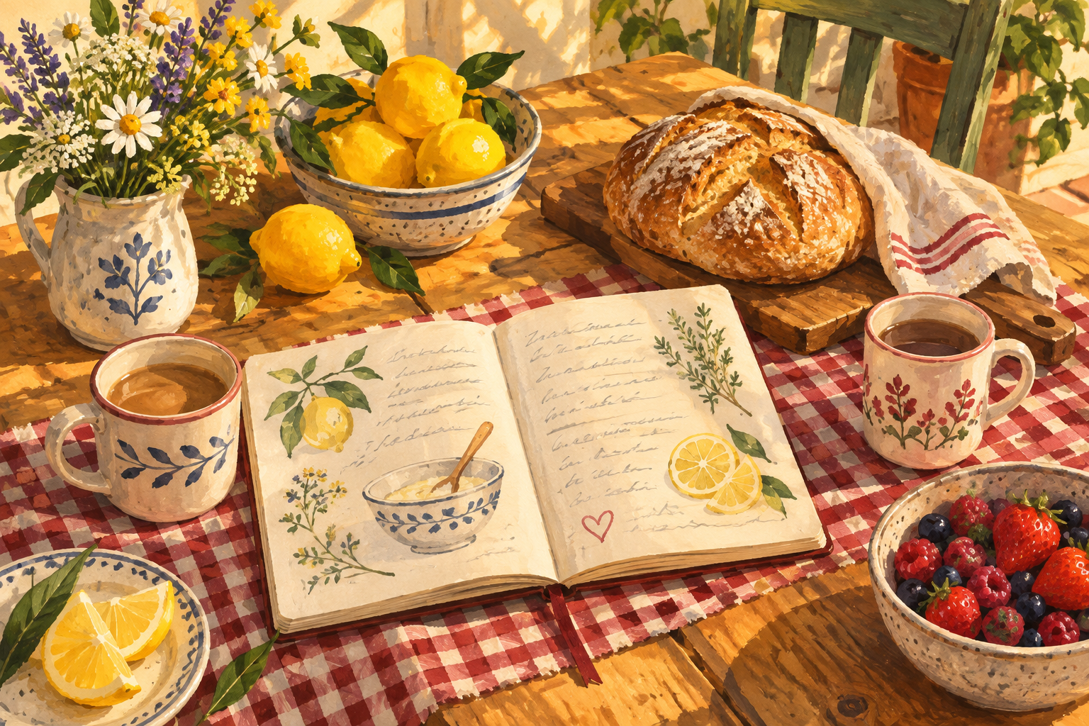 Illustration of a sunlit table with a recipe book, bread, flowers and mugs